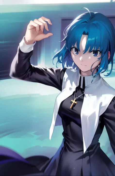 Takeuchi Takahashi, (best quality, 4k, 8k, highres,masterpiece:1.2), (ultra-detailed:1.5), ciel_(tsukihime), cowboy shot, 1girl, solo, (long black dress:1.4), chain, (white habit:1.5), sad, looking at viewer, antenna hair, (ahoge:1), closed mouth, fingerna...