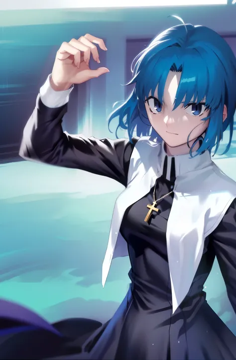 Takeuchi Takahashi, (best quality, 4k, 8k, highres,masterpiece:1.2), (ultra-detailed:1.5), ciel_(tsukihime), cowboy shot, 1girl, solo, (long black dress:1.4), chain, (white habit:1.5), sad, looking at viewer, antenna hair, (ahoge:1), closed mouth, fingerna...