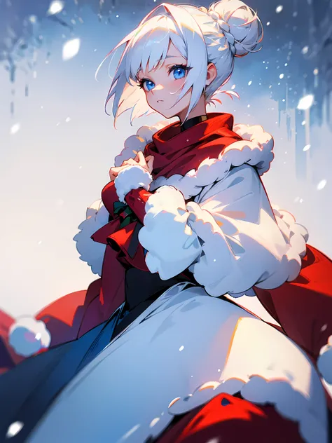 1female, white hair, short hair, top bun hair, blue eyes, christmas outfit, snowing, christmas background