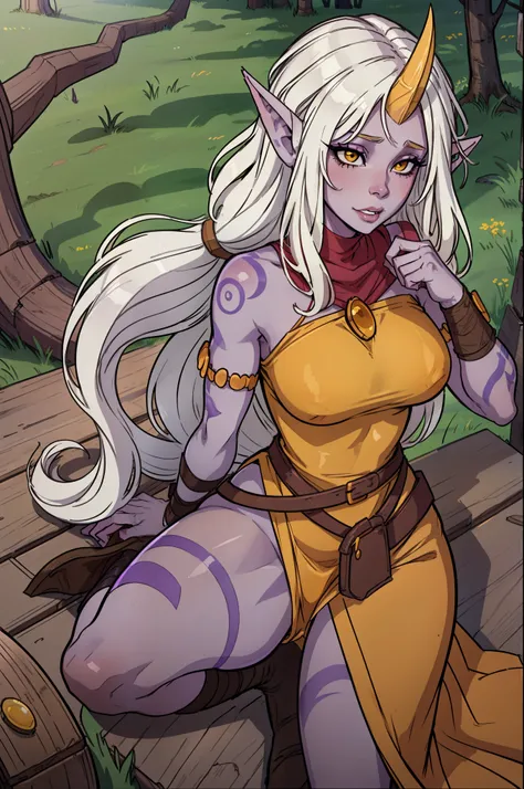 1 female, very shy expression, nervious, timid, purple skin, white long hair, elf ears, masterpiece, face portrait, masterpiece, best quality, soraka, yellow clothes, afraid mood