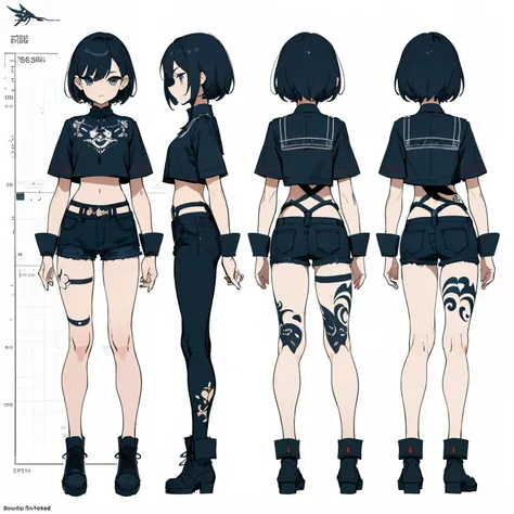 (masterpiece, best quality) detailed, girl, drawing reference, reference, lineart, sketch, Crop tops and short shorts, hips, short hair, leg tattoo (character design sheet, same character, front, side, back)