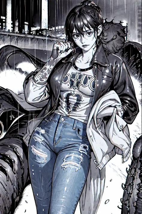 1girl, jacket, tattoos, jeans, night city, rain, ((by Kentaro Miura))