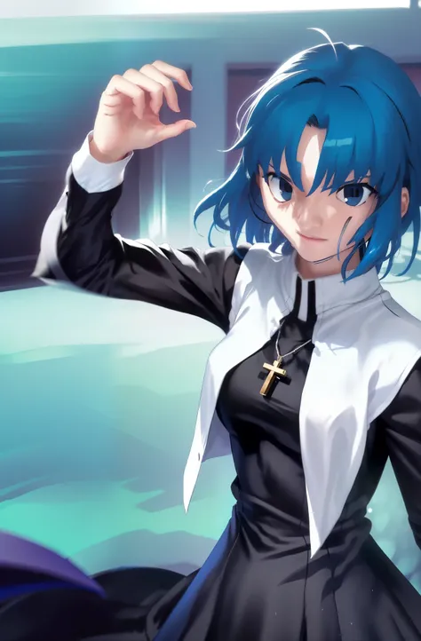Takeuchi Takahashi, (best quality, 4k, 8k, highres,masterpiece:1.2), (ultra-detailed:1.5), ciel_(tsukihime), cowboy shot, 1girl, solo, (long black dress:1.4), chain, (white habit:1.5), sad, looking at viewer, antenna hair, (ahoge:1), closed mouth, fingerna...