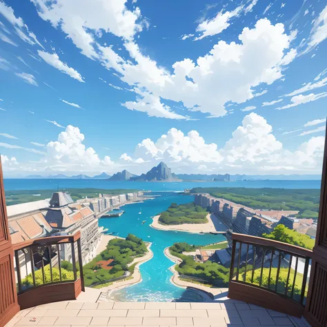 The view from the building、Landscape painting、Spectacular view、master piece、blue sky、realistic anime picture