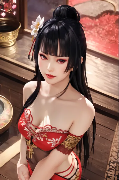 female tengu、oiran costume、kimono、thighhighs、hair ornaments、bare shoulders、real、realistic:1.37、super fine、hairpin、cherry blossom...