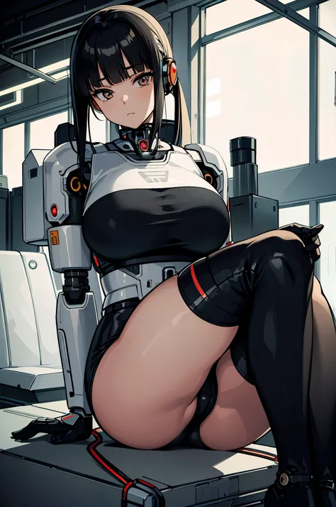 masterpiece, best quality, extremely detailed, Japaese Cyborg girl,Plump , control panels,android,Droid,Mechanical Hand, Robot arms and legs, Black hair,Blunt bangs,perfect robot girl,long tube,thick cable connected her neck,android,robot,humanoid,cyborg,j...