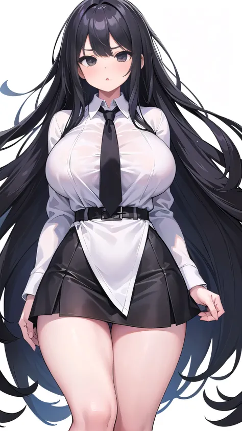 1 girl,CG,Completely naked,huge breasts, black hair, long hair, straight hair, black eyes,((white dress shirt、black tight skirt、Office Lady)),((bullish look)),((white background))