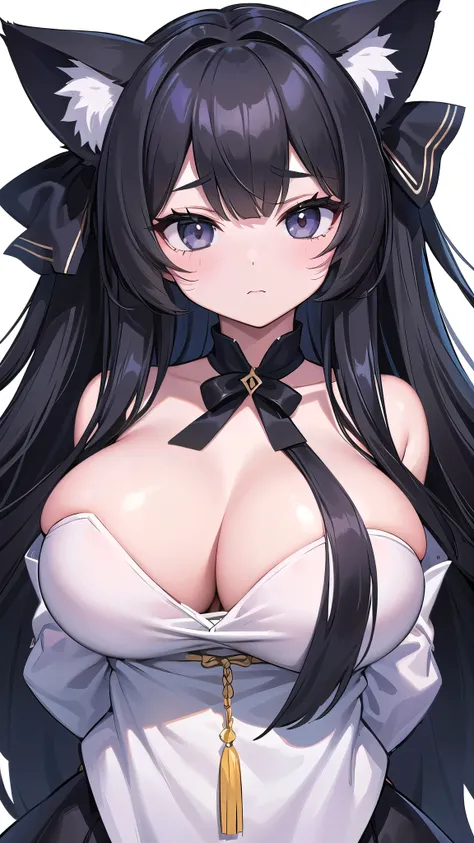 1 girl,CG,huge breasts, black hair, long hair, straight hair, black eyes、Cat ear、((Emphasizes the head and upper body、Close-up of head and upper body only)), ((white background))