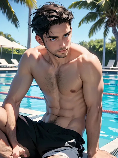 (best quality,4k,8k,highres,masterpiece:1.2),ultra-detailed,(realistic,photorealistic,photo-realistic:1.37), A 35-year-old man, shirtless, sitting on the edge of the pool, with black hair and white highlights, blue eyes, wearing black shorts, body and pubi...