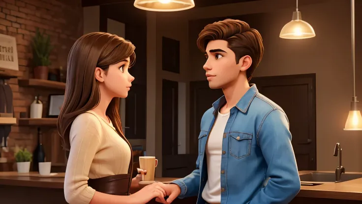 (a 25-year-young woman),(brown hair),(brown eyes),and(a 25-year-young man),( talking while standing),(olhando para frente),(vibrant colors),(soft lighting)
