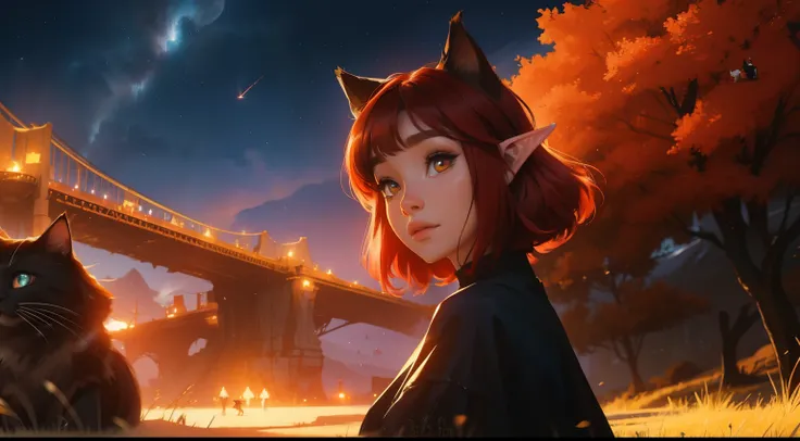 Fantasy, red Hair, brown Eyes, elves ears, futuristic, Passing night landscape, A beautiful girl, with cats, UHD Portrait, (High quality) (ultra details) Looking at the viewer; different, colorful, short hair, no hands.