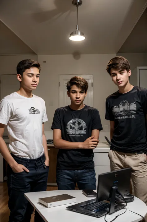 Three male teenagers in a room designing a startup with their computers