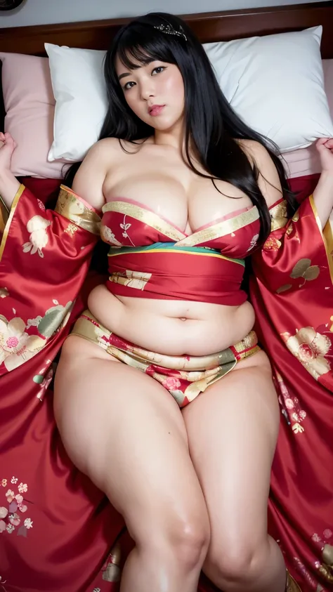 Fat woman、Chubby-chan、thick body、reality、professional photos、genuine、thick body, big 、 big ass、big belly、thick thighs、thick arms、round face、fat face、chubby cheeks、droopy eyes、Big eyes、Clear double eyelids、lazy smile、Long-haired black hair、golden hair ornam...