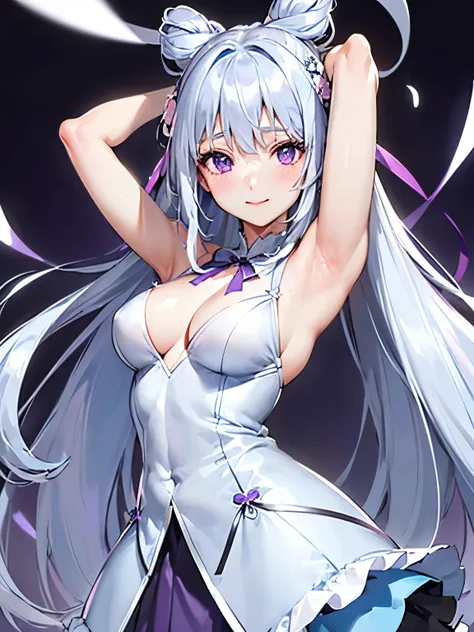 (light blue-silver hair:1.2),(long hair:1.3),(hair with volume:1.25),(big ribbon:1.3),(薄purpleの目:1.4),(eye size:1.5),((Feminine fashion:1.4)),(Background full of blooming flowers:1.5),(blush),(small breasts:1.4),((focus on face:1.5)),BREAK//(fashion color ...