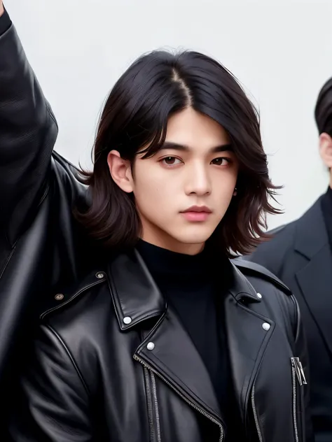 Araffes are wearing black leather jackets and posing for a photo, taehyung, taehyung de cabelo preto, inspirado em kim taehyung, hyung tae, Retrato de taehyung do Bts, he is wearing a black overcoat, kpop idol portrait, kim taehyung, fanart oficial, foto d...