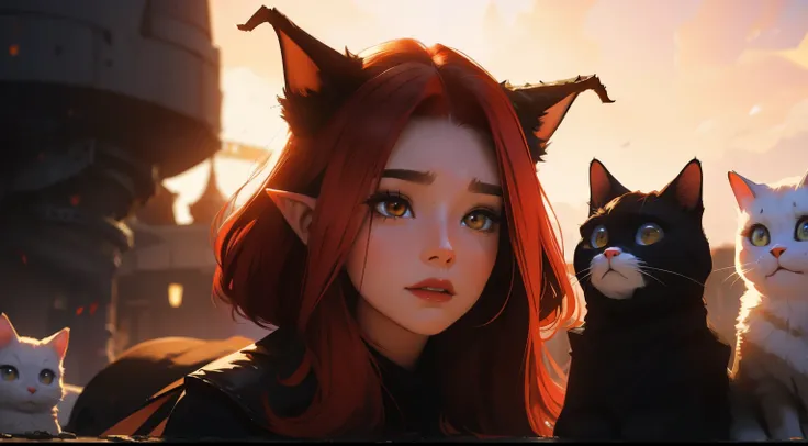 Fantasy, red Hair, brown Eyes, evil horns, elves ears, futuristic, Passing night landscape, A beautiful girl, surrounded by cats, UHD Portrait, (High quality) (ultra details) Looking at the viewer; different, colorful, short hair, no hands.