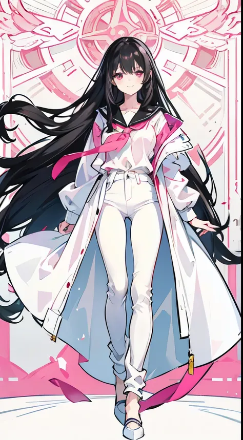 Long black hair radiates light，Long hair curtains，sloping hair curtain，pink eyes，white shirt，white jean，A pink jacket tied around the waist，long legs，Leg depiction，Smile，side，in school department，