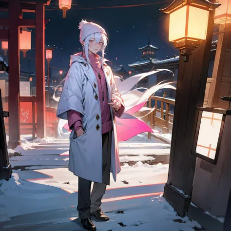 1male, young teen, medium messy white hair with blue highlights, finely detailed pink eyes, long coat, sweater, beanie, standing on street, best lighting and shadows, tokyo, lanterns, confident, moonlight, nighttime, snow, shrine gate