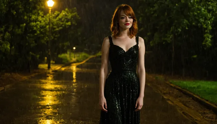 Uma jovem garota da cidade (Emma Stone), with a long lime Black dress, caminhando ruas da cidade a noite, It&o39;It&#39;s raining and there&39;There&#39;s beautiful moonlight in the sky.