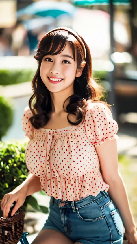 (realistic, photo-realistic:1.4), (extremely detailed 8k wallpaper), bokeh, detailed beautiful eyes and skin, (Image from thighs to head:1.3), ultra res, (Japanese idol:1.4), 25yo, beautiful woman, smile, large breast, Playful polka dot blouse with high-wa...