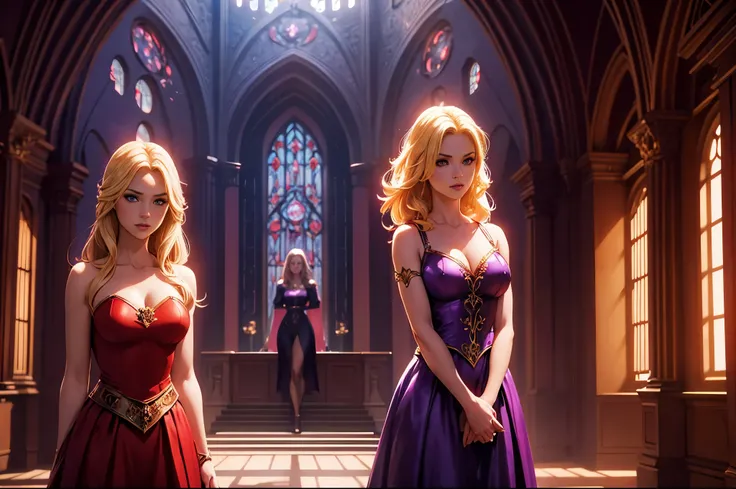 Two beautiful blonde young women, wearing red dresses, absorbing impressive purple magical power energy flow, medieval fantasy setting, in a magical academy, masterpiece, beauty, confidence, evil, dynamic lighting, epic shot, ascension 