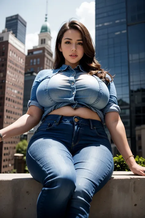 araffe woman in a denim shirt and jeans sitting on a ledge, curvy model, beautiful thick female, angelawhite, alluring plus sized model, thick body, very very realistic, beautiful curvy female, casual pose, ekaterina, thicc, attractive feminine curves, she...