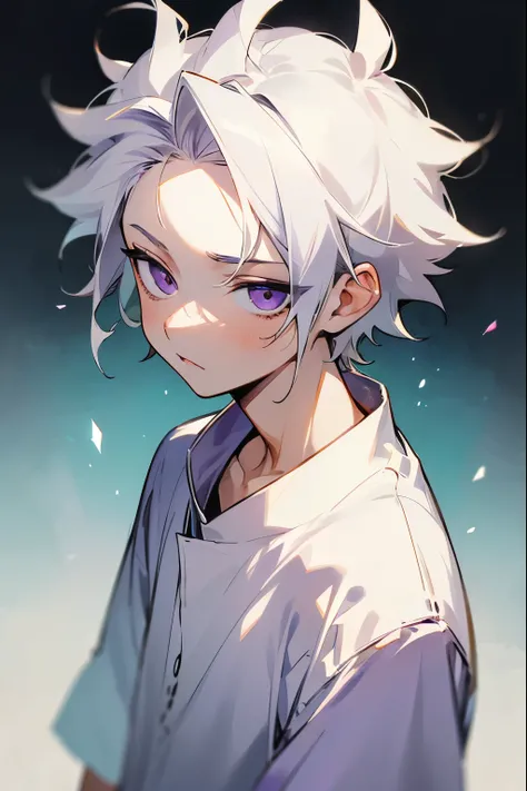 (1 boy, killua messy hairstyles, short messy hair, white hair, middle part hairstyles, semi realism, purple eyes, no hair in forehead, white shirt)