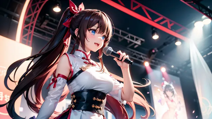 Idol,(alone), looking at the viewer, focus on the girl, chest squeeze, shiny, perfect female body, beautiful detailed girl, teenage girl, long hair blown up,ponytail ,(big red ribbon in hair knot), light brown hair, ridiculously long hair, super fucking be...