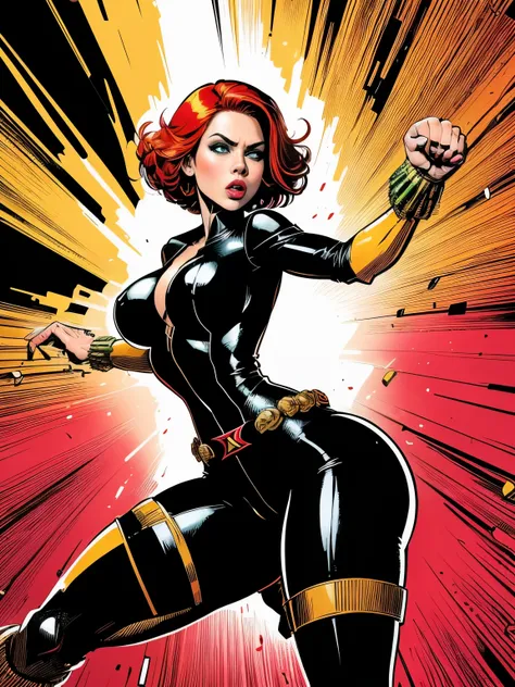 (((COMIC STYLE, CARTOON ART))). A comic book-style image of Black Widow, with her as the central figure. She is on the move. She wears a black outfit, with a red buckle on her waist and a red bracelet on her arm. (((hot body, sexy, sensual, camel toes)))...