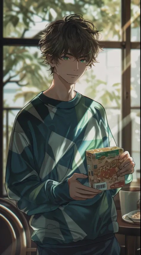 green eyes,Beautiful young man, dark hair, bright light blue and green geometric sweater, holding a cereal box in one arm and about to eat with the other hand, looking at the camera, calm smile, stylish morning room in the background, large windows, modern...