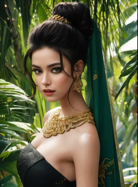 ,1girl,solo,masterpiece, best quality,fantasy,dark green,black ponytail hair,shadow,
face is important,sexy is important,eyes are important,rThe character is the main body of the work,(upper body),
Jungle,banana trees,ruins, swirling magic,eyes on camera