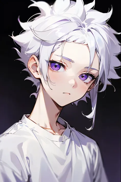 (1 boy, killua messy hairstyles, short messy hair, white hair, middle part hairstyles, semi realism, purple eyes, no hair in forehead, white shirt, messy-hairstyles)