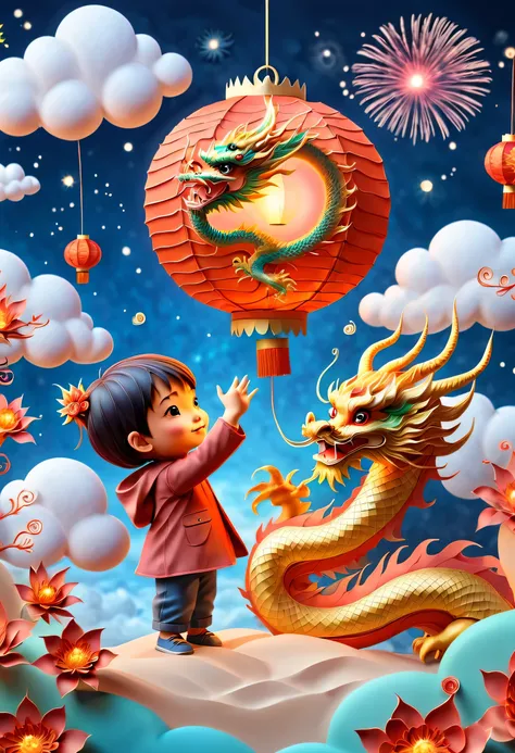 (sandbox:1.4), movie angle, (1个可爱的孩子挥舞着中国龙形状的lantern, chinese new year, festive, red background, cloud, flowers, fireworks, fire...