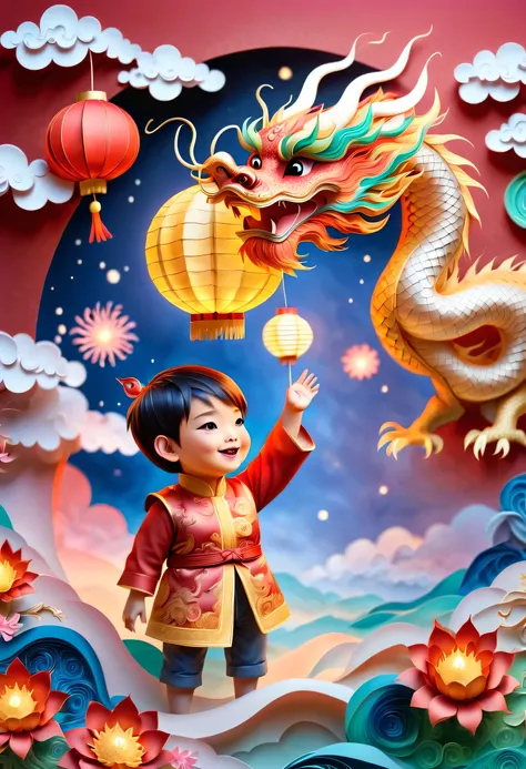 (sandbox:1.4), movie angle, (1个可爱的孩子挥舞着中国龙形状的lantern, chinese new year, festive, red background, cloud, flowers, fireworks, fire...