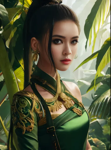 ,1girl,solo,masterpiece, best quality,fantasy,dark green,ponytail hair,shadow,
face is important,sexy is important,eyes are important,rThe character is the main body of the work,(upper body),
Jungle,banana trees,ruins, swirling magic,eyes on camera