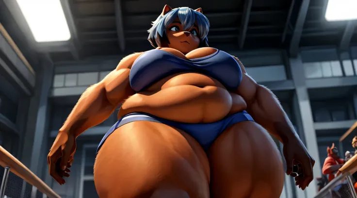 peludo michiru kagemori, pele do corpo, curvando-se, wearing standard sportswear, mostrando bunda, cabelo azul, cabelo em dois tons, corar, olhos brilhantes, reflexo de lente, de cima, melhor qualidade, high resolution, curvado, muito gordo, quadris largos...