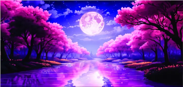 purple trees and water with a full moon in the background, arte de fundowork, lindo luar night, Lua rosa, arte de fundo, lindo luar, Floresta de cerejeiras, Scenery art, Scenery art de sonho, lua cheia rosa gigante, Fundo de luar, bela arte uhd 4k, anime l...