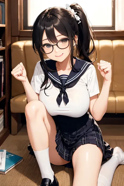 highest quality、High resolution、8K、cute beauty、detailed background、beautiful and detailed face、beautiful and smooth skin、skin texture、Beautiful teenage girl、(two women)、(big breasts:1.2)、cute sailor suit、plaid pleated skirt、knee high socks、Cute Ponytail、re...