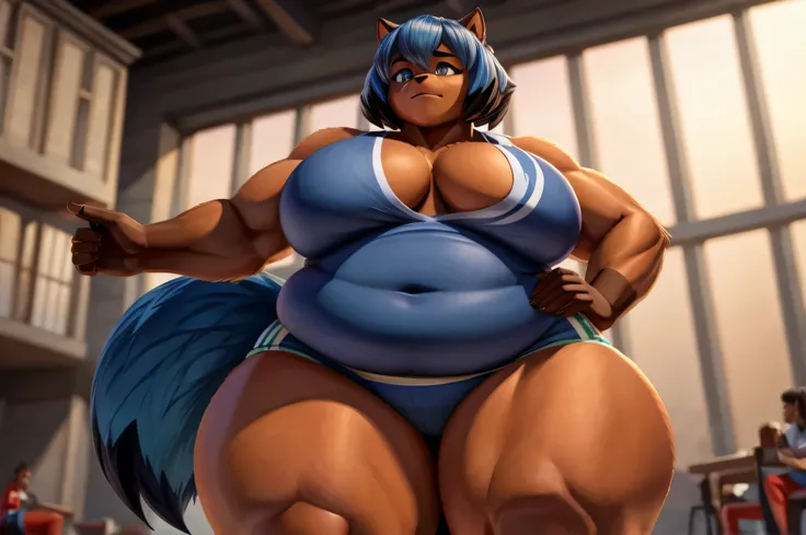 peludo michiru kagemori, pele do corpo, curvando-se, wearing standard sportswear, mostrando bunda, cabelo azul, cabelo em dois tons, corar, olhos brilhantes, reflexo de lente, de cima, melhor qualidade, high resolution, curvado, muito gordo, quadris largos...