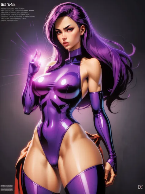 (((comic style, cartoon art))), cinematic. 01, Alone, alone, 18 yeras old, A comic style image of X-Men member Psylocke posing for photo, Sesual Pose. She wears her traditional attire, (((right hand with megenta and violet power))), Perfect body, (((hot sl...