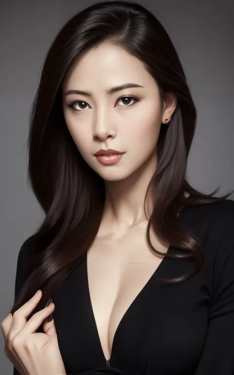 masterpiece,best quality, (one attractive milf), ((portrait:1.5)), long hair, makeup, elegant black shirt, touch own chest, ((seduction expression)), 