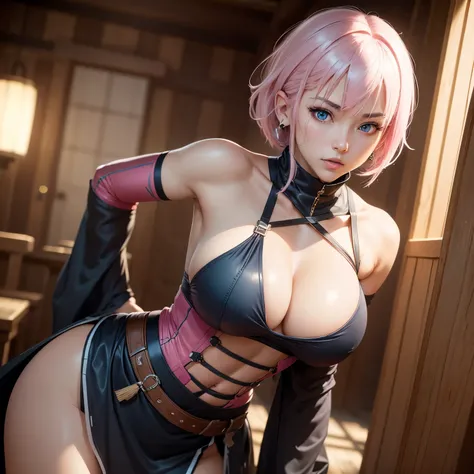 8k, masterpiece, best quality, realistic, higly detailed, cowboy shot, 1girl, solo, Ichika Nakano, very short hair that has a single long strand on the right side, white-pink hair, a single earring, dark blue eyes, average height, well-endowed figure, larg...