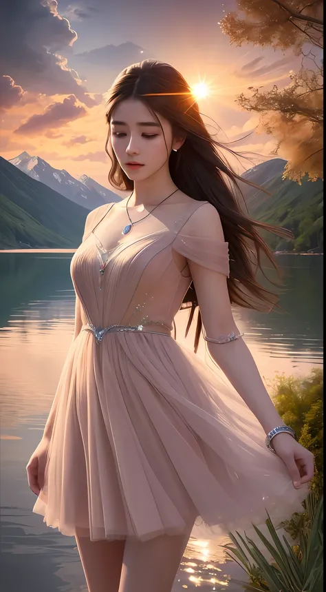 Best quality,Masterpiece,ultra-detailed high res,(Photorealistic:1.4),RAW photo,,illustration,1 girl, Serene expression, mesmerizing eyes, straight long hair, floating dress, poised posture, Porcelain skin, Subtle blush, crystal pendant BREAK, prime time, ...