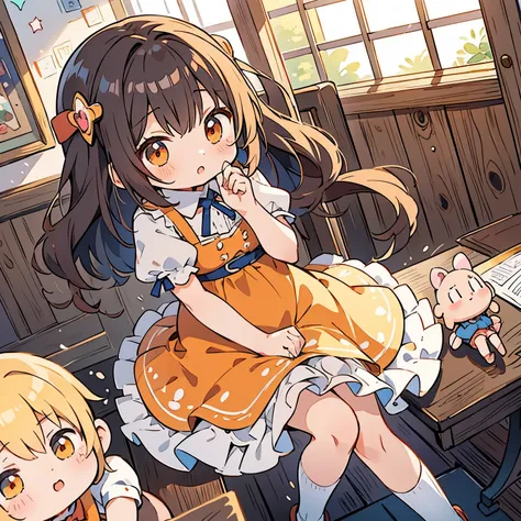 Anime girl sitting at a table with a doll and an orange、small loli girl、splash art anime loli、Cute girl anime visual、small curvaceous 、in a dress、cute animeの女の子、cute anime、、anime moe art style、official artワーク、official art、cute art style、zerochan art、young ...