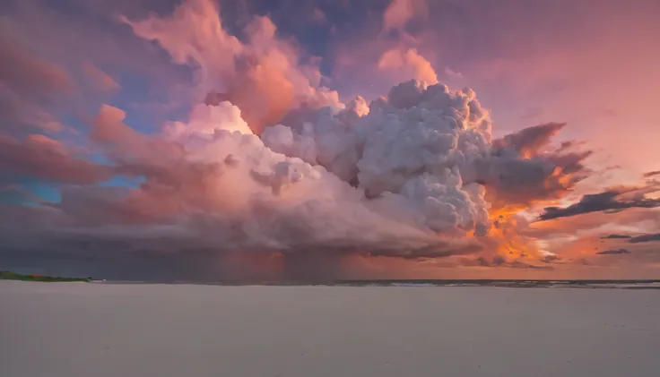 colorful sky、cumulonimbus clouds reflecting colors、haibara、white sand、sunset、great art、highest quality、best image quality、super ...