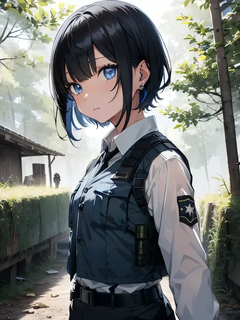 character//1 boy,(black hair:1.3),((short hair:1.2)),((With bangs)),BREAK//((Clear blue eyes:1.3)),BREAK//(Fashion//((Black and blue camouflage long sleeve shirt)),BREAK((dark gray bulletproof vest)),(Sheriff&#39;s star badge on the chest of the vest:1.2),...