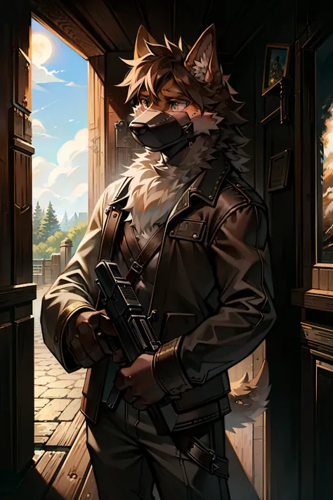 An intriguing image comes to mind: A dog with a gun casually placed on its muzzle. The dogs eyes conveying a sense of curiosity or mischief rather than fear. Its fur is a rich brown, shaggy and well-groomed, standing out against the backdrop of a rustic, d...