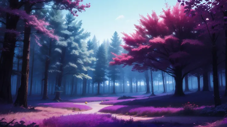 empty purple forest, blue, magenta, violet tones, conceptual game art, purple grass, purple leaves, cyan dirt, vivid colors, trees with twisted branches, mushrooms, mushrooms covering the trees, enchanted atmosphere, ethereal beauty, game concept art, digi...