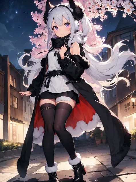 (masterpiece、highest quality、enlightenment、very high quality、High level image quality、Extremely sensitive writing)A girl with silver bob hair stands in a garden with beautiful flowers、(((Jet black super long coat)))、Smile a little、hair blowing in the wind、...