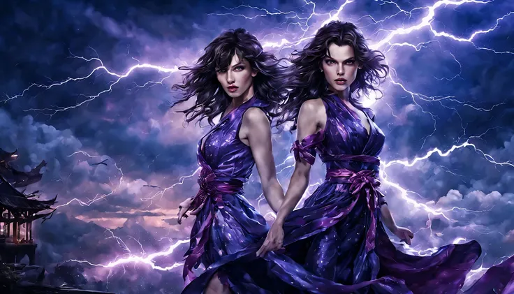 uma jovem garota de corpo inteiro (milla jovovich), zenistu, e com roupas vinho e brancas, purple and white lightning, cabelos b...